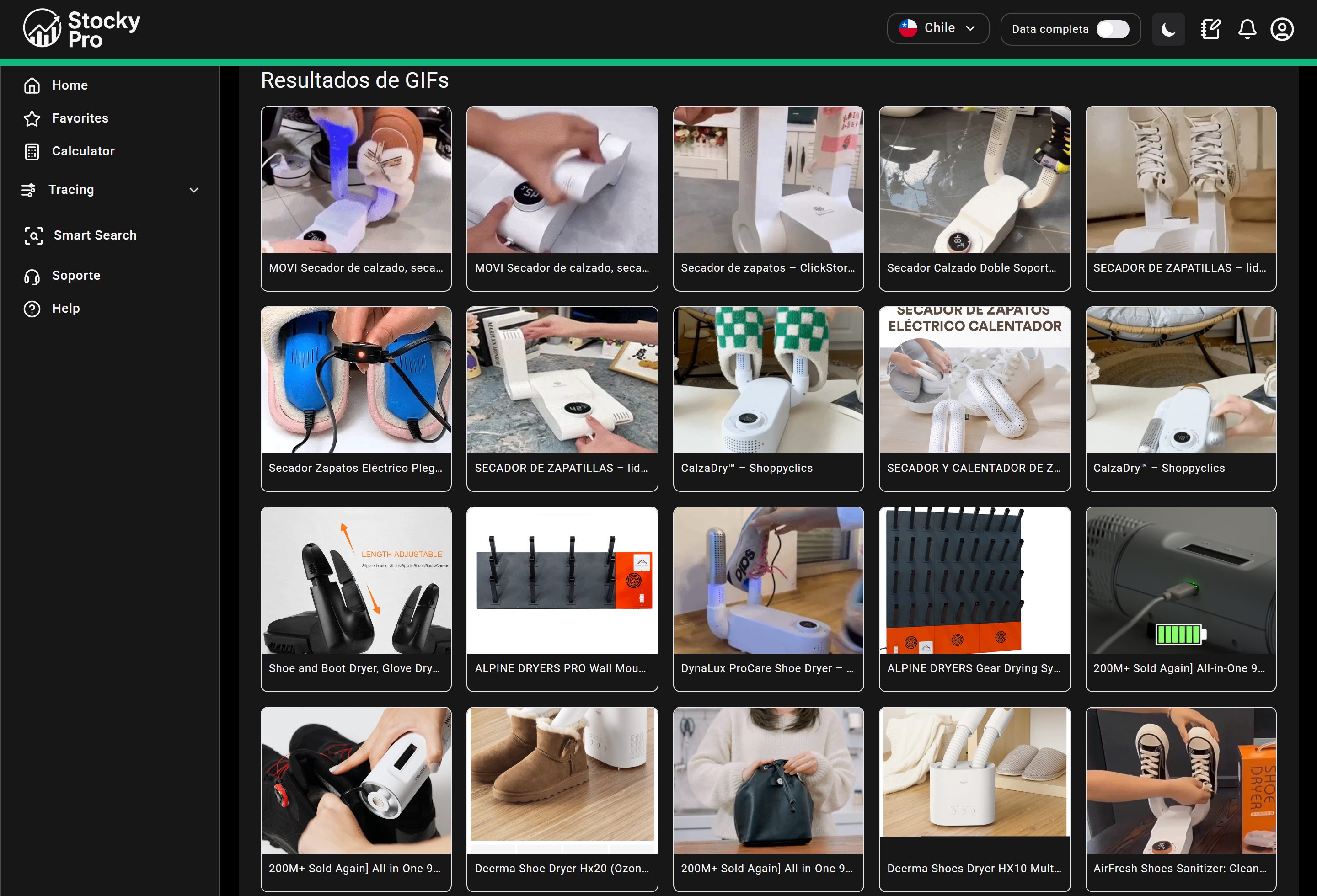 Resultados de GIFs de Smart Search: creativos y anuncios reales de la competencia del producto en tiendas de dropshippers de todo el mundo